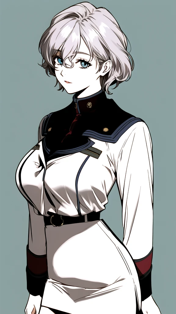 sallysaintford, huge_breasts, standing, solo, Naval_uniform_White_jacket_White_pencil_skirt_miniskirt_Belt_long_sleeves_turtleneck, masterpiece, best_quality, detailed_face, detailed_eyes, highres, beautiful, detailed,