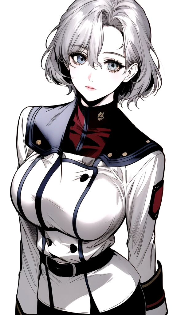 sallysaintford, huge_breasts, standing, solo, Naval_uniform_White_jacket_White_pencil_skirt_miniskirt_Belt_long_sleeves_turtleneck, masterpiece, best_quality, detailed_face, detailed_eyes, highres, beautiful, detailed,