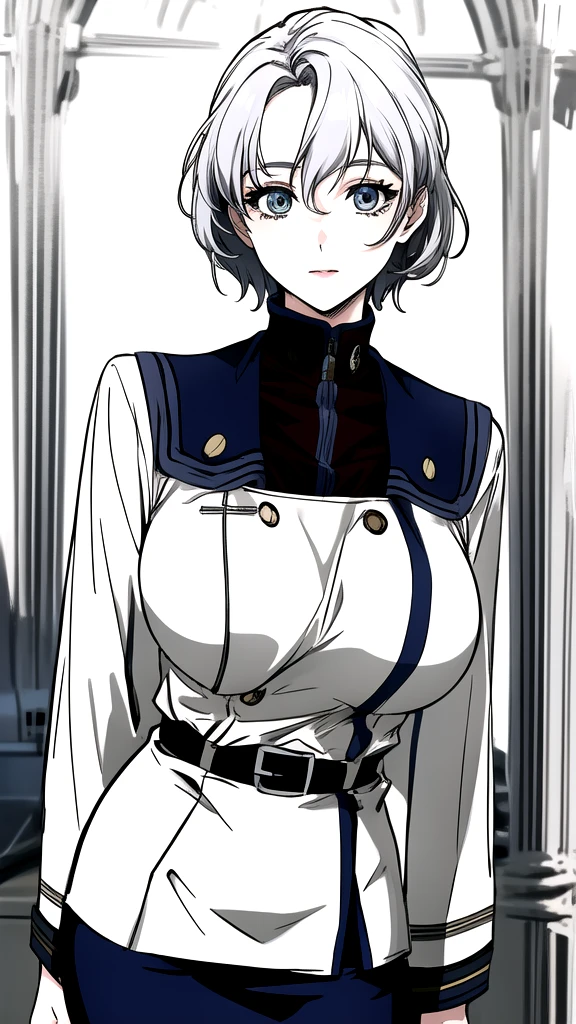 sallysaintford, huge_breasts, standing, solo, Naval_uniform_White_jacket_White_pencil_skirt_miniskirt_Belt_long_sleeves_turtleneck, masterpiece, best_quality, detailed_face, detailed_eyes, highres, beautiful, detailed,