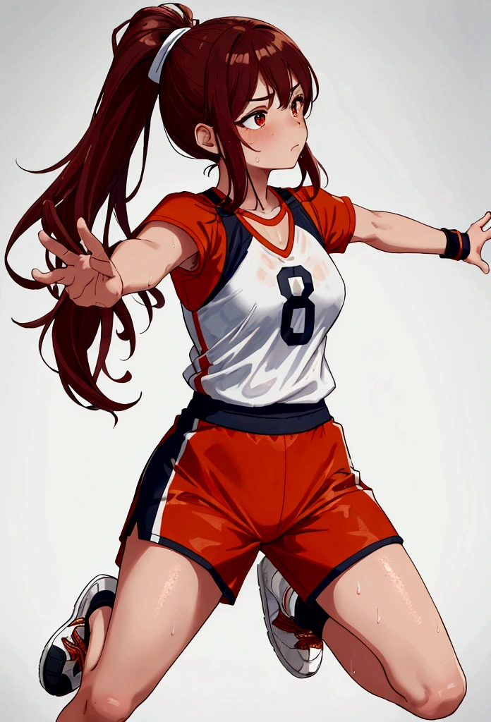 ((best quality)), ((masterpiece)), (detailed), 1girl with tan orange skin and maroon ponytail hair, sweaty wet shirt, varsity volleyball player, blank gray background, standing attack pose, holding volleyball, full body, wearing rubber shoes