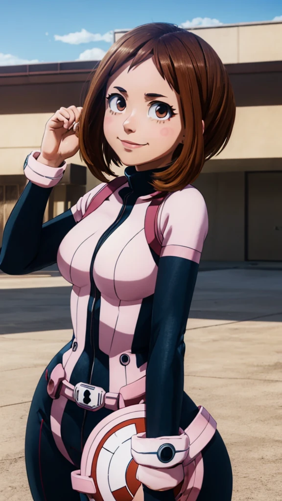 ochakouraraka, ochako uraraka, (uraraka ochako:1.5), (brown eyes:1.5), brown hair, short hair, blush, blush stickers, smile,
BREAK (bodysuit:1.5), skin tight, superhero,
BREAK outdoors, city,
BREAK looking at viewer, standing, idle, hand on hip
BREAK (masterpiece:1.2), best quality, high resolution, unity 8k wallpaper, (illustration:0.8), (beautiful detailed eyes:1.6), extremely detailed face, perfect lighting, extremely detailed CG, (perfect hands, perfect anatomy),