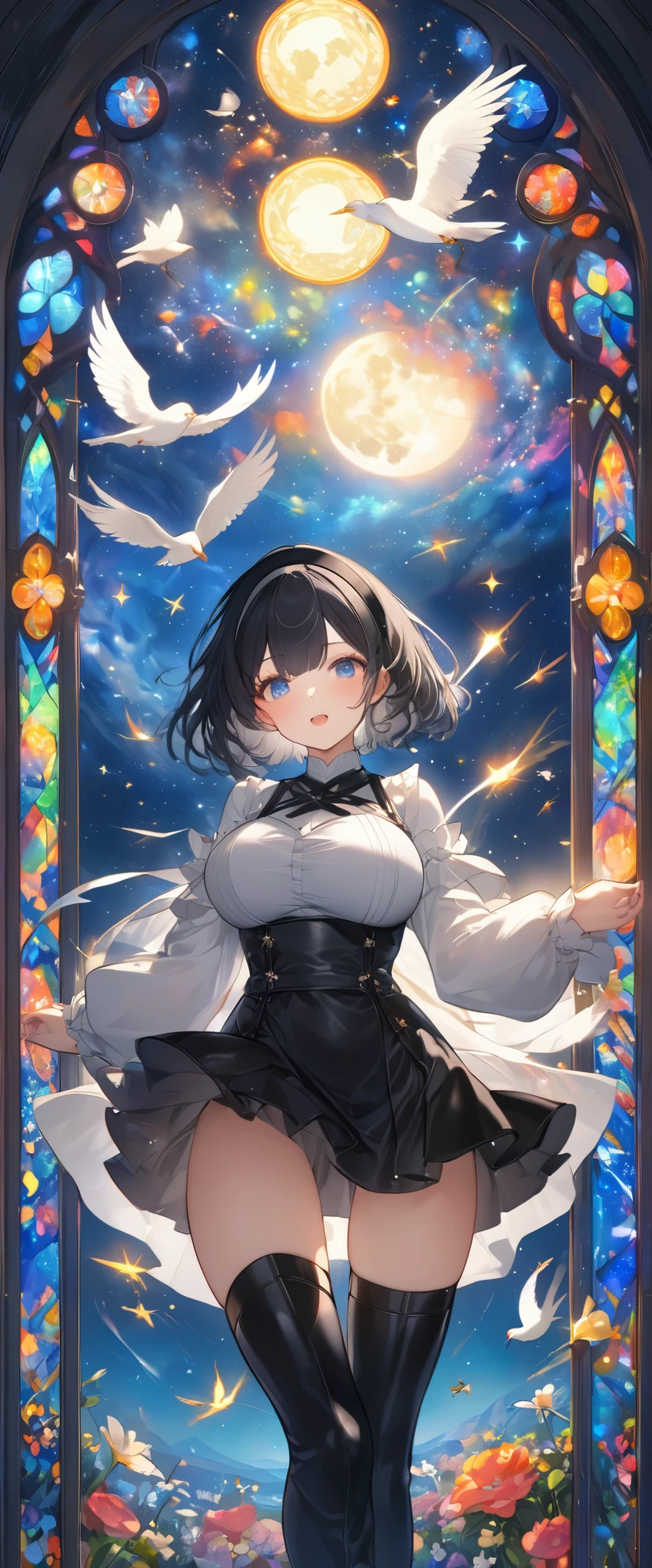 Highest quality, Super quality, 16K, Incredibly absurd, Very detailed, 2.5D, delicate and dynamic, church, Brightly colored stained glass, Small faint lights and flying fireflies, night, Starry Sky, milky way, nebula, shooting star, Flowers, birds, wind and moon, Extremely delicate facial expression, Delicate eye depiction, Upper body close-up, erotic, sole sexy lady, healthy shaped body, 22 years old lady, YoRHa 2b, 170cm tall, huge firm bouncing busts, white short hair, black hair band, YoRHa 2bのコスチューム, black short skirt, black leather long boots