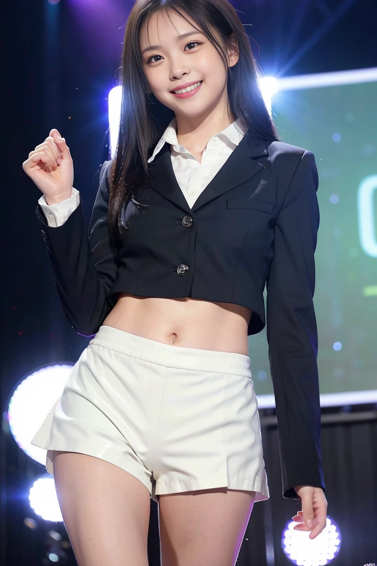 (8k), (highest quality: 1.2), (Realistic), (Realistic: 1.37), Ultra-high resolution, 1 girl, cute, (Embarrassed smile:1.4), (Blushing:1.4),Mouth closed, Beautiful details, Beautiful Nose, black straight Hair, Giant Dulcefo, pork, Thighs,Navel exposed,University Student Uniform,A simple blazer,(white super tiny hot pants:1.5),Dancing on the school stage,(Shiny legs:1.4),Medium Shot