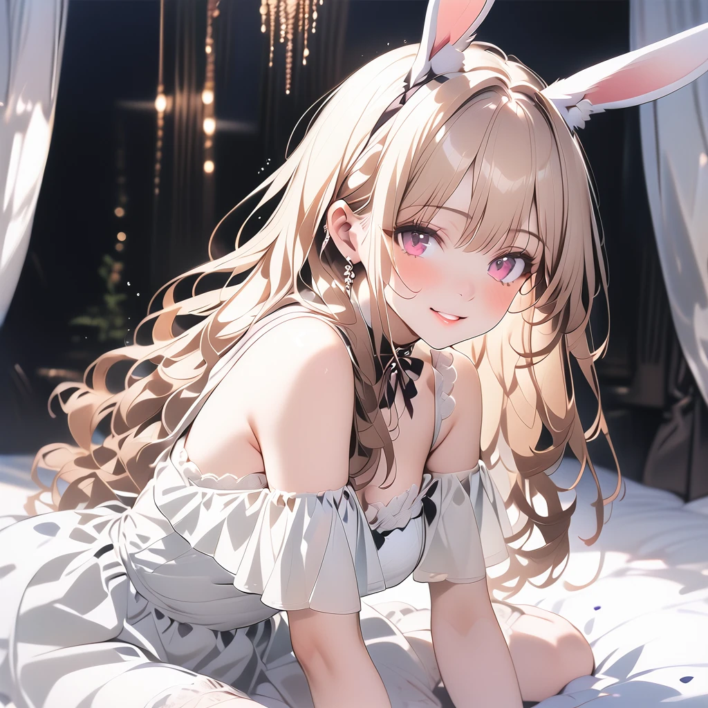 One girl、A little sexy、Blonde、Red sparkling eyes、detailed cute eyes,(glowing eyes:1.4),smile politely,((Droopy eyeole on left cheek Medium Curl Hair、Dog ears、Lying down、Golden Room、pearls choker,sensual pose,