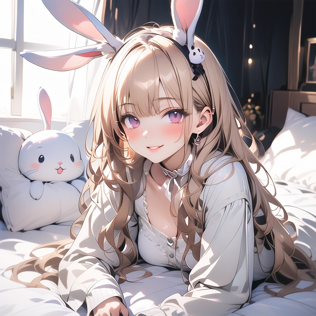 1 rabbit girl, rubellite eyes, fluffy rabbit ears, very long hair, seductive smile, parted lips, cute, 
medium breasts, 
gothic lolita, 
head tilt, leaning back, sitting, wariza, curtains, stuffed toy, pillow, 
sharp focus, looking at viewer, cowboy shot, light white theme, bright white tone, illustration,
BREAK ,masterpiece, best quality, ai-generated, 