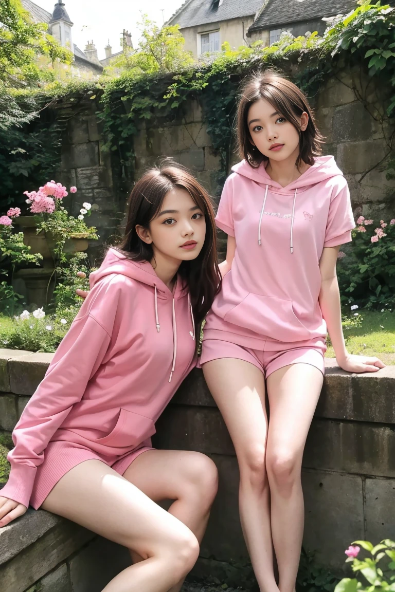 deux femmes ensemble de 18 ans sexy et mince , pink short sleeve hoodie , dans un jardin de fleur, se touche,position sey,sensuel,visible legs,