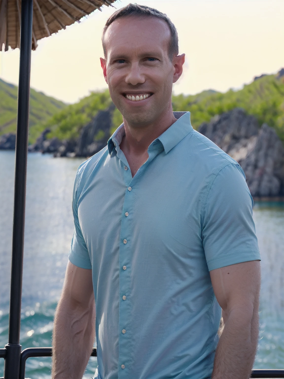 a man, Todder8, Todder1 short hair, perfect skin, RAW, UHD, 8K, looking at camera, on a yacht at sea, vacation photography, island paradise, colorful Hawaiian shirt, photorealistic, dynamic lighting, perfect day, [smiling]