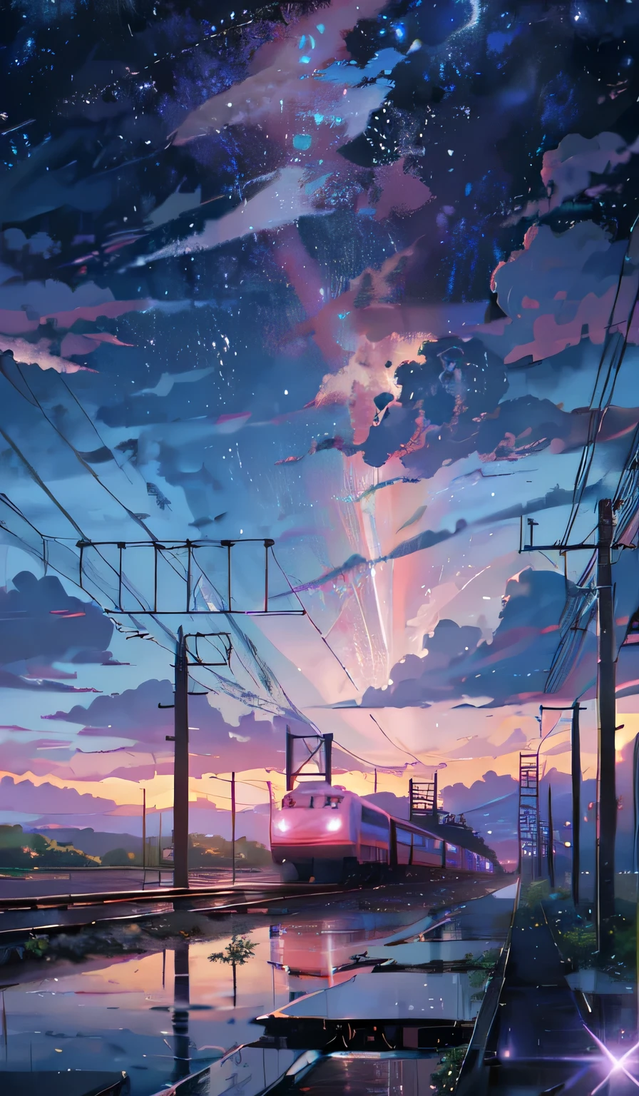 Anime train crossing track in rain sky background, many clouds beautiful and harmonious scene, exquisite animation, rich details (width is 672), high quality, clarity 4k, artistic 4k wallpaper, stunning anime landscape, 8k art wallpaper.