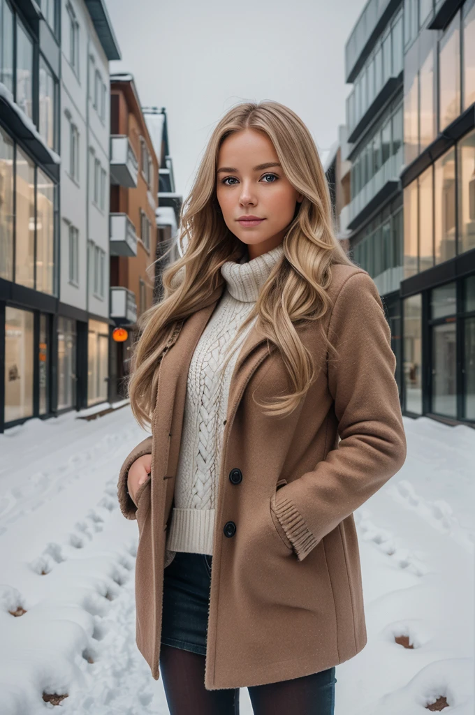 professional portrait photograph of a gorgeous Norwegian girl in winter clothing with long wavy blonde hair, sultry flirty look, gorgeous symmetrical face, cute natural makeup, wearing elegant warm winter fashion clothing, ((standing outside in snowy city street)), stunning modern urban environment, ultra realistic, concept art, elegant, highly detailed, intricate, sharp focus, depth of field, f/1. 8, 85mm, medium shot, mid shot, (((professionally color graded))), bright soft diffused light, (volumetric fog), trending on instagram, hdr 4k, 8k