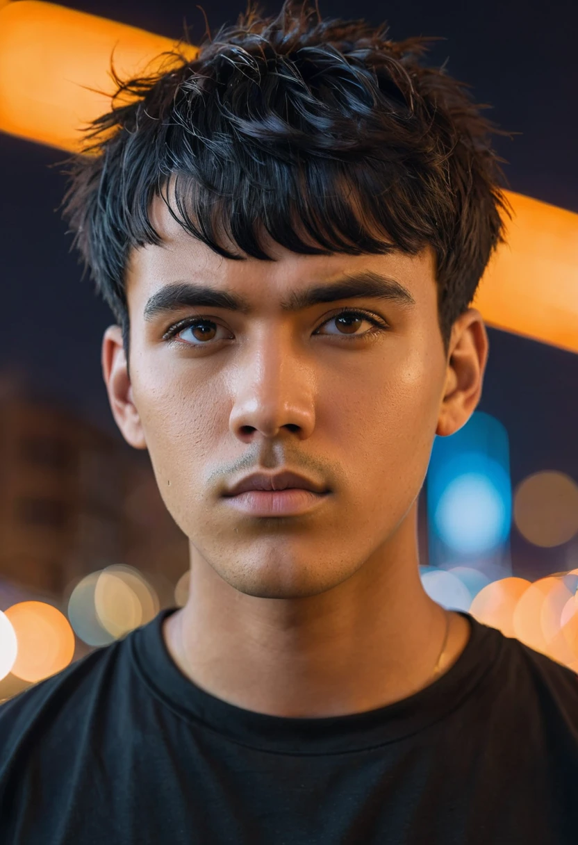 close-up portrait, low angle shot, of a young man with short black hair and messy bangs, medium-toned skin with neutral undertones, serious expression, oval face, wearing an oversized black t-shirt, detailed portrait, futuristic city background with lights orange neon, cinematic lights, shadows