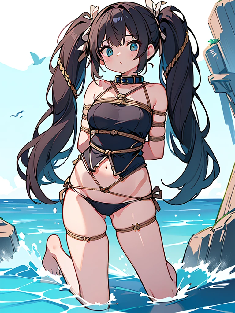 4k HD,perfect,Exquisite,girl,Black ponytail,Small Breasts,full body portrait,((Rope restraints, arms behind the back, hands behind the back, rope restraints, hand restraints, rope restraints, feet rope restraints, groin, slim figurecollar,in the sea)),((Swimsuit))