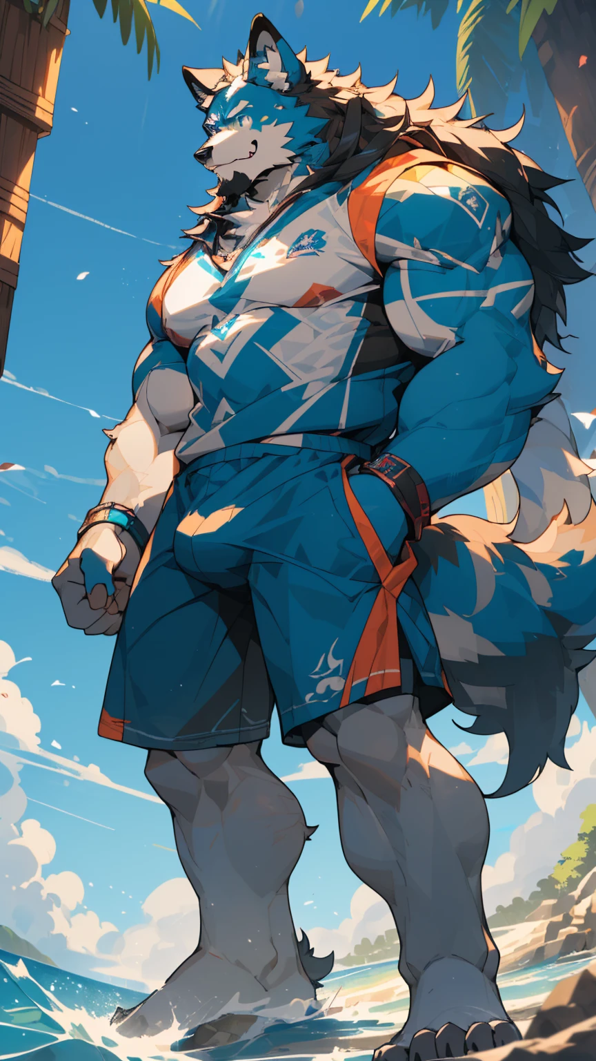 Sunlight,high resolution,4K,love,(((whole body))),masterpiece,high quality,Brave and bold,((Wolf)),male,((Strike a pose:1.3)),WolfFurry,(Middle-aged uncle),hairy,((charming,Smiling Face,Long hair)),((peaceful,Ease)),((strong,tall and big:1.3,thin long ears:1.2,Well-proportioned limbs:1.3,Wolf尾巴:1.3,Bigfoot,Meat pad:1.2,Crotch bulge:1.3)),(((Red and black sports shorts))),(((Green ears,Dark blue head,dark blue back,Dark blue limbs,White breast,White belly,Blue pupils))),charming脸庞,AttentiontoDetail,Detailed body,Detailed hands