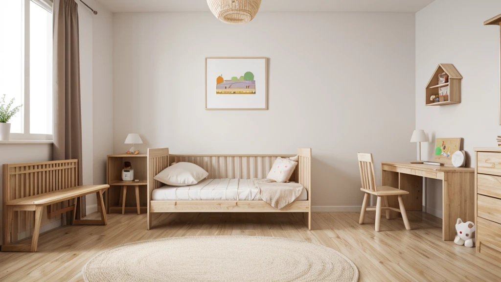Mock up frame in children room with natural wooden furniture, 3D render