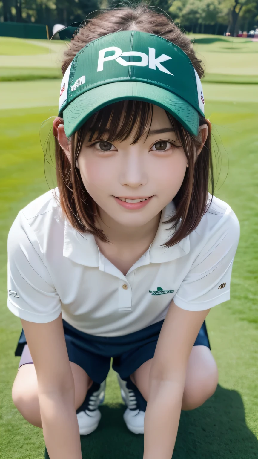 , Best picture quality (8K, high resolution, Masterpiece: 1.2), super detailed, 215 Short Hair, 16-year-old woman,
situation: A scene of practicing putting on the putting green。
clothing: Simple golf wear、Shorts、Golf shoes、Sun visor。
angle:
Close-up: The hand that holds the putter、A detailed look at the concentrated expression of the player staring at the ball。
Detailed depiction: Beautiful green lawn and cups in the background、Emphasizing the seriousness of practice。
Emotional moment: The moment the ball goes into the cup、Capture the disappointment of not getting in
, random cute pose ,big eyes ,Puffy eyes , Heart Pupil, blush , huge shy smile , salute
