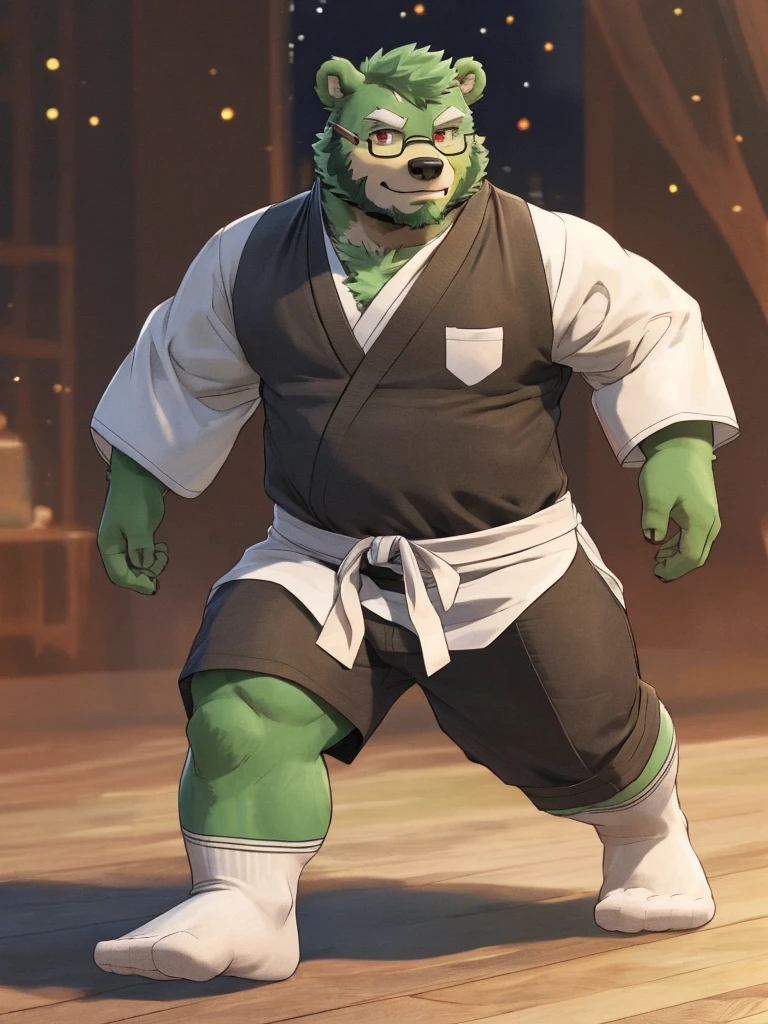 hairy,((bear,Long sleeve karate gi,white socks)),bara, furry, furry_male,male focus, solo, muscular male, (((green bear))), (((green fur))), green hair, red eyes, beard, white eyebrows, male,Common,full body picture((Extremely lifelike shadow,masterpiece,Very detailed,lifelike)), ((Cat)),dynamic poses,in the bedroom,Black-rimmed glasses,smirk,The action of wearing a belt,window location,side,night((Extremely lifelike background,masterpiece,Very detailed,lifelike)),Wearing white socks