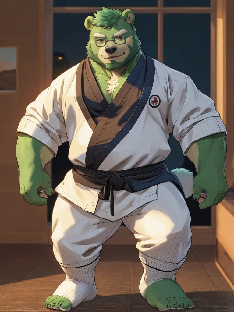 hairy,((bear,Long sleeve karate gi,white socks)),bara, furry, furry_male,male focus, solo, muscular male, (((green bear))), (((green fur))), green hair, red eyes, beard, white eyebrows, male,Common,full body picture((Extremely lifelike shadow,masterpiece,Very detailed,lifelike)), ((Cat)),dynamic poses,in the bedroom,Black-rimmed glasses,smirk,The action of wearing a belt,window location,side,night((Extremely lifelike background,masterpiece,Very detailed,lifelike)),Wearing white socks