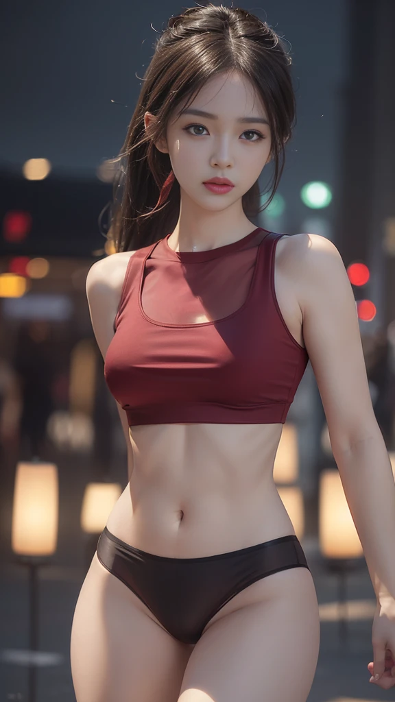 ((Realistic lighting, Best quality, 8K, Masterpiece: 1.3)), Clear focus: 1.2, 1 Korean girl, Perfect Figure: 1.4, Slim Abs: 1.1, See through, tight clothing, ((Korean)), (panties: 1.4), (Red crop top: 1.4), (Outdoor, Night: 1.1), City streets, Super fine face, Fine eyes, Double eyelids,