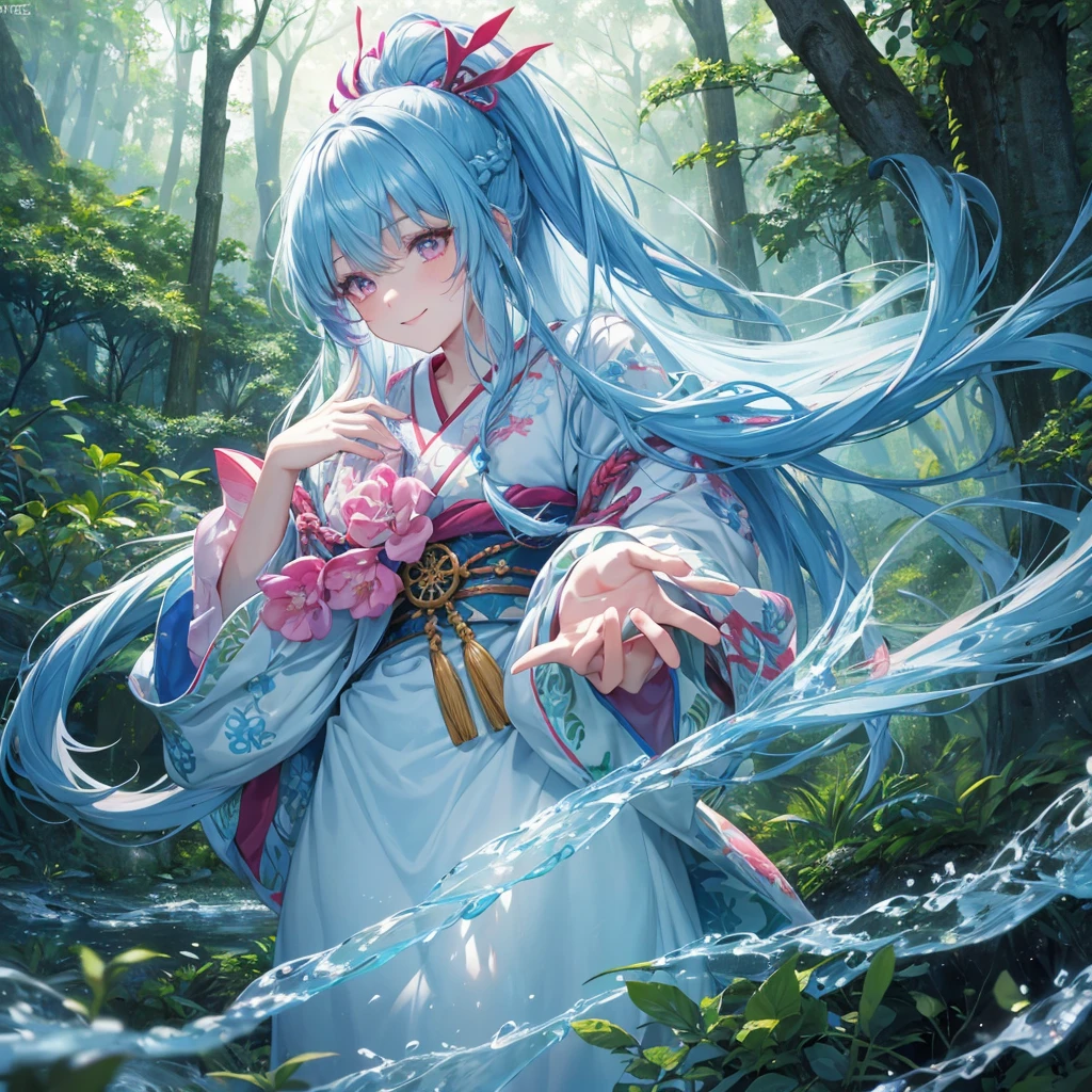 sky Blue hair, (braided ponytail),(pink eyes),fair skin ,(full body),1 girl,smile,white red kimono,Fresh green forest,Forest Goddess,Straight Bangs,(masterpiece, best quality, ultra-detailed, best shadow), (detailed background), (beautiful detailed face), high contrast, (best illumination, an extremely delicate and beautiful), ((cinematic light)), colorful, hyper detail, dramatic light, intricate details,guardian of the forest,Leaf Blizzard,