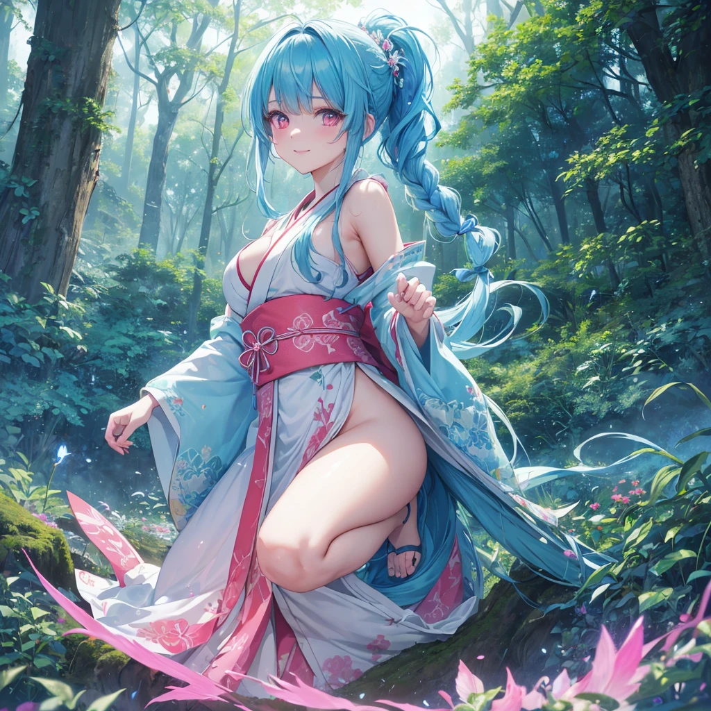 sky Blue hair, (braided ponytail),(pink eyes),fair skin ,(full body),1 girl,smile,white red kimono,Fresh green forest,Forest Goddess,Straight Bangs,(masterpiece, best quality, ultra-detailed, best shadow), (detailed background), (beautiful detailed face), high contrast, (best illumination, an extremely delicate and beautiful), ((cinematic light)), colorful, hyper detail, dramatic light, intricate details,guardian of the forest,Leaf Blizzard,