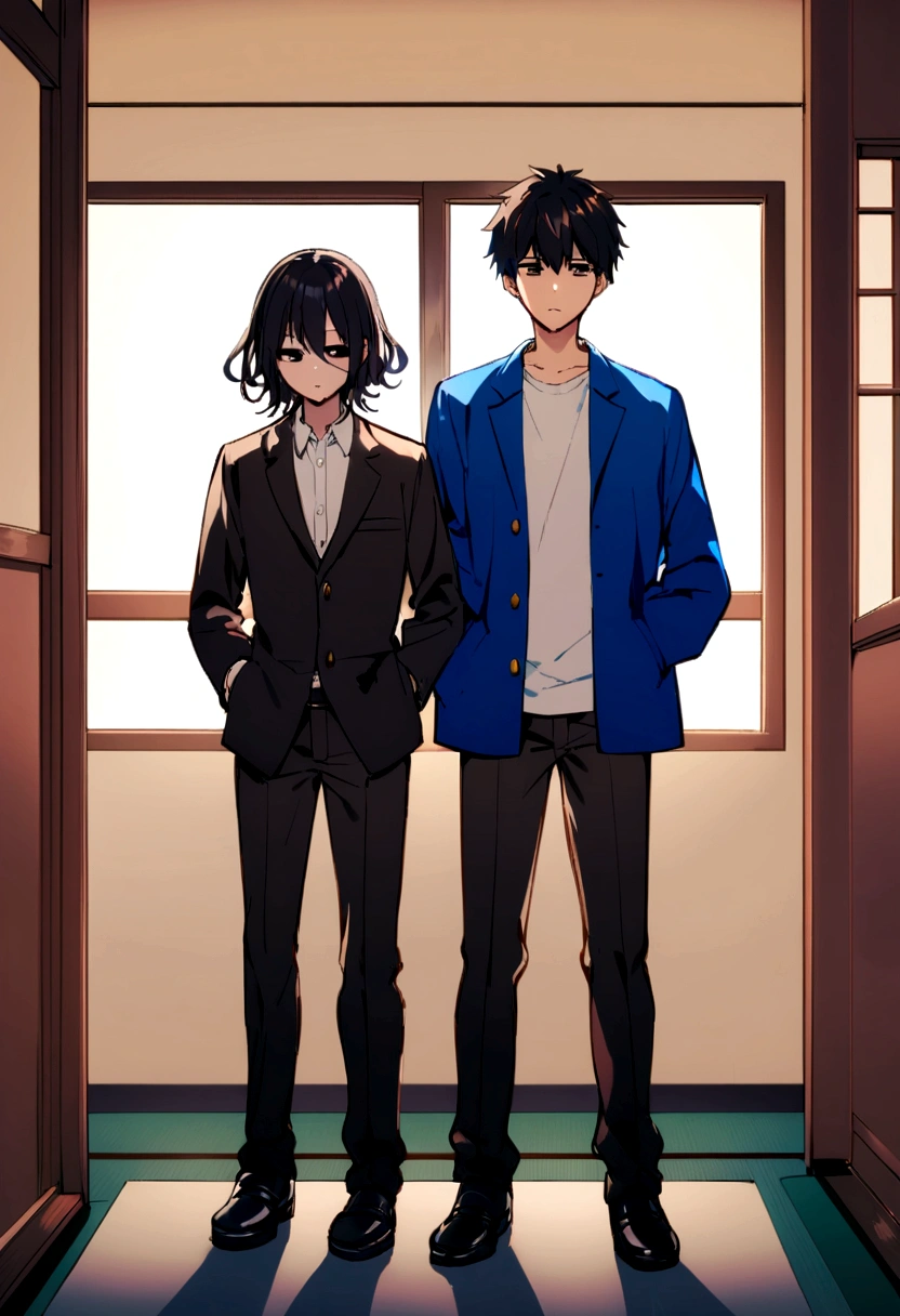 boy, tidy hair, short length hair, Bblack hair, face neutral, black eyes white school shirt, blue school jacket, dark brown pants, black dress shoes, hands in pockets, scene in a Japanese school