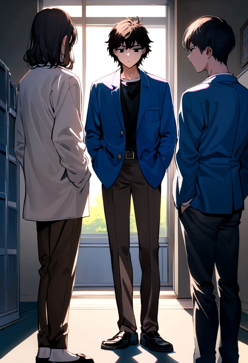 Teenage boy, tidy hair, short length hair, Bblack hair, face neutral, black eyes white school shirt, blue school jacket, dark brown pants, black dress shoes, hands in pockets, scene in a Japanese school