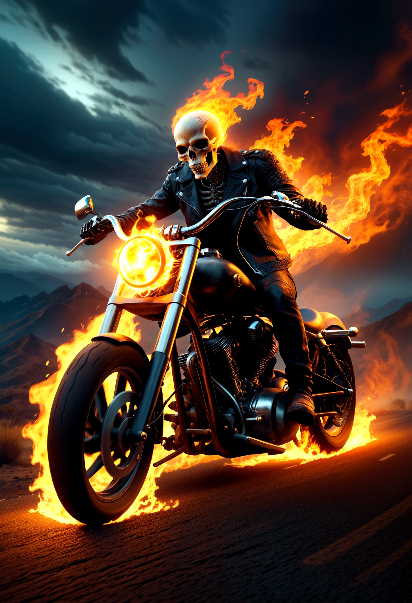 a striking ghost rider, a skeletal face engulfed in flames, riding a blazing motorcycle through a dark and ominous landscape, highly detailed, cinematic lighting, dramatic composition, intense colors, volumetric fog, dramatic clouds, detailed textures, masterpiece, photorealistic, 8k