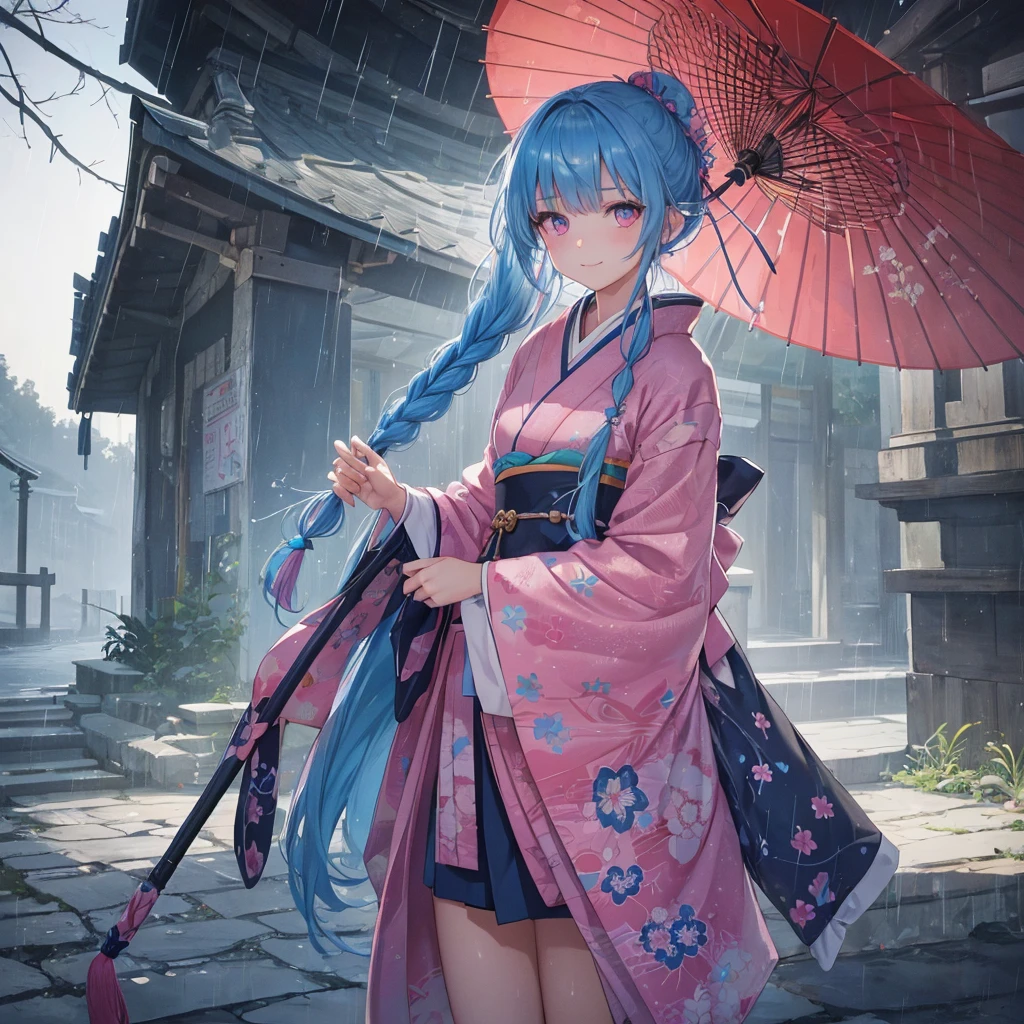 sky Blue hair, (braided ponytail),(pink eyes),fair skin ,(full body),(1 girl),smile,Straight Bangs,(masterpiece, best quality, ultra-detailed, best shadow), (detailed background), (beautiful detailed face), high contrast, (best illumination, an extremely delicate and beautiful), ((cinematic light)), colorful, hyper detail, dramatic light, intricate details,(rain shower),kyoto,big Japanese Umbrella,kimono,