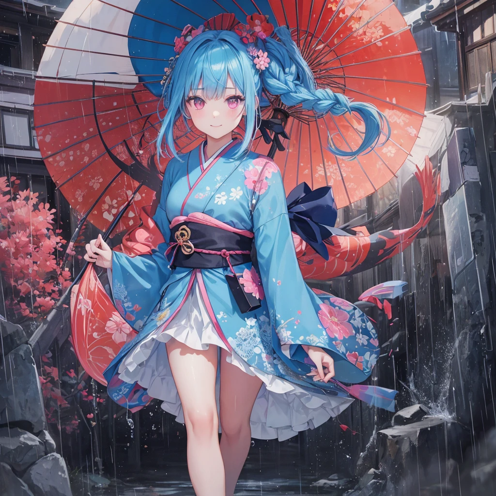 sky Blue hair, (braided ponytail),(pink eyes),fair skin ,(full body),(1 girl),smile,Straight Bangs,(masterpiece, best quality, ultra-detailed, best shadow), (detailed background), (beautiful detailed face), high contrast, (best illumination, an extremely delicate and beautiful), ((cinematic light)), colorful, hyper detail, dramatic light, intricate details,(rain shower),kyoto,big Japanese Umbrella,kimono,