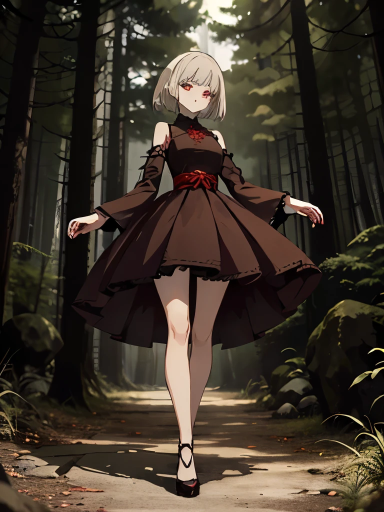 full body of soulless lady, in Japanese dark forest, wearing (((european))) dress of pale brown, red high heels, long skirt, standing, short leg, Mysterious, uncanny