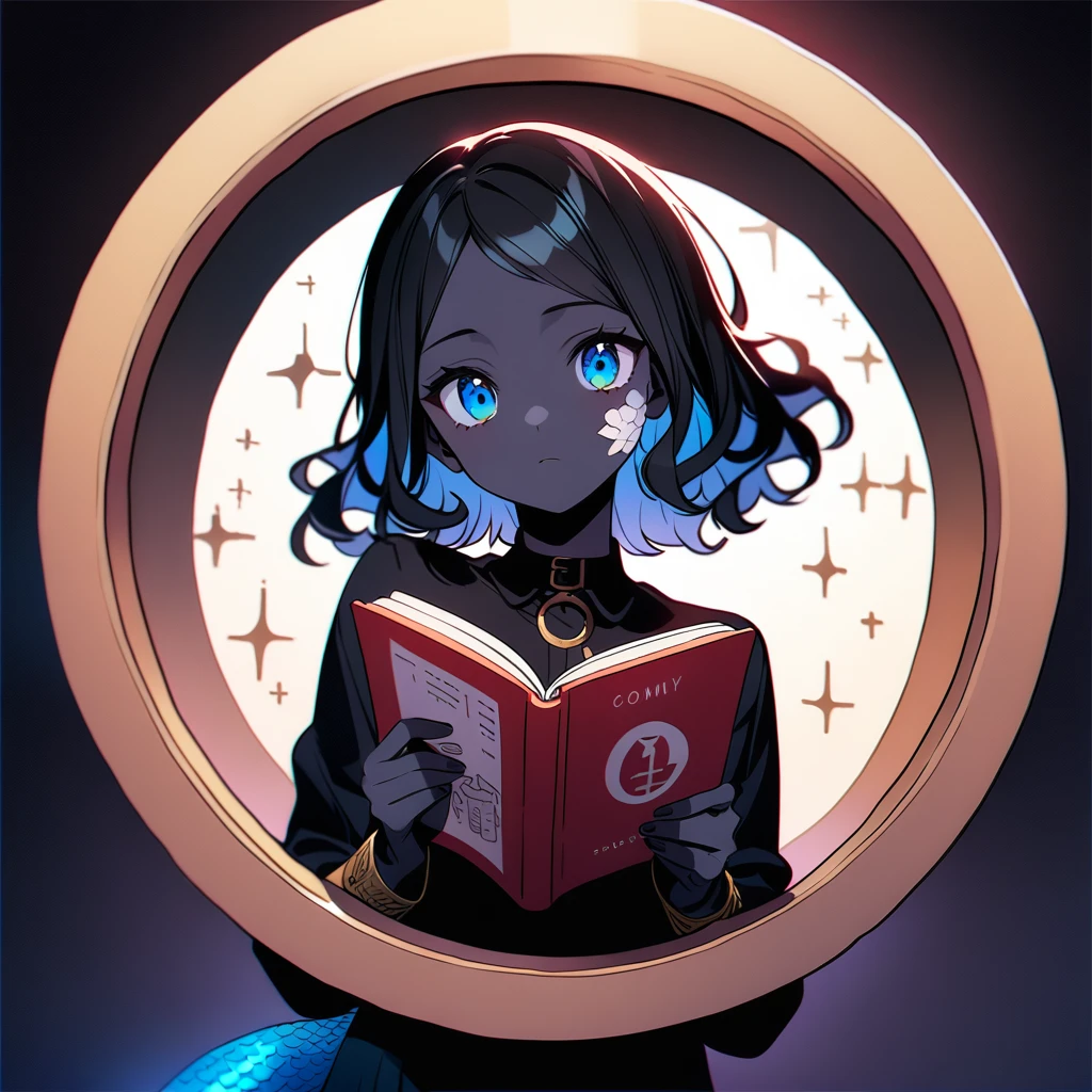 (circle frame1.7)girl, detailed lighting, rendered, beatiful eyes, perfect hair, detailed face and body, ((black skin)), small breast, scales on face, mermaid tail, mermaid ears, hime cut bangs, curly hair, neon hair,reading book, icon, circle frame,