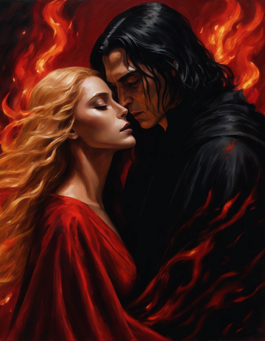  Scene: Create an image of two people in love in a setting of mystery and passion.

Woman's Appearance:
- Resembles Beyoncé
- Brown skin
- Long, golden blonde curly hair
- Confident and seductive expression
- Wearing a red dress, elegant and form-fitting
- Lips painted a deep, intense red

Man's Appearance:
- Resembles Severus Snape
- Pale skin
- Large nose
- Black, straight hair falling around his face in a somber manner
- Serious and intense expression
- Wearing a black cloak, contrasting with the flames around them

Atmosphere:
- Surrounded by flames, creating a mystical and fiery ambiance
- Soft lighting highlighting their faces, enhancing the sparkle in their eyes
- Flames adding an element of intensity and mystery to the scene
- They are close to each other, gazing intensely into each other's eyes, exuding a strong emotional connection
