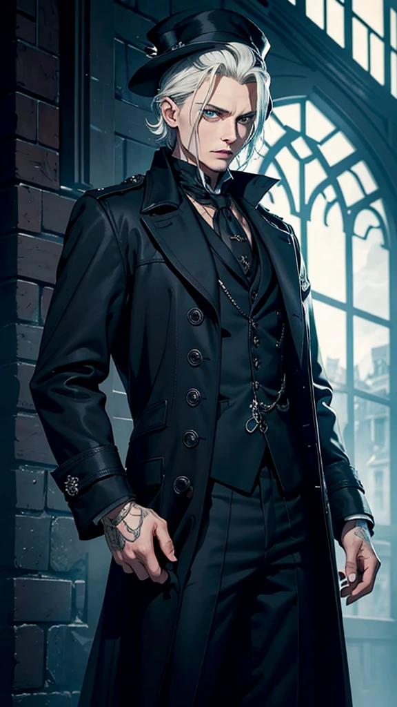 filigree,realisticlying,1 man,30 age old, mature,sliver long hair,Black hat on the head, green-eyed,Evil smiled,With a cigarette in his mouth,tall muscular,Black stand-up collar trench coat,High neck T-shirt,a silver haired mad,hitman,dangers