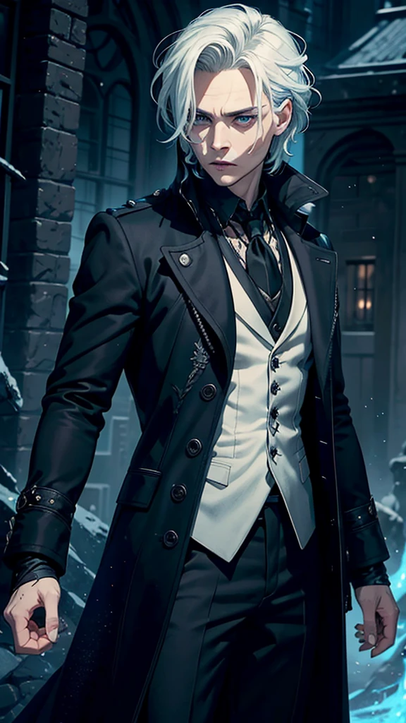 Create an image of Gellert Grindelwald inspired by Johnny Depp's portrayal in the Fantastic Beasts series.
Description:
Appearance: Gellert Grindelwald has a striking and intense presence, similar to Johnny Depp's portrayal.
Hair: White-blonde hair, styled in a distinctive, slicked-back fashion with some strands loose, giving a slightly wild and rebellious look.
Eyes: One eye is bright blue, and the other is a pale, almost silvery-blue, reflecting his unique and intense gaze.
Expression: A confident and intense expression, with a hint of cunning and menace. A slight smirk or a contemplative look would capture his manipulative and strategic mindset.
Facial Features: Sharp, angular features with a chiseled jawline. Include Johnny Depp's recognizable facial characteristics, such as his high cheekbones and slightly sunken eyes.
Clothing: Stylish and elegant wizarding attire, including a long, dark coat, a high-collared shirt, and layered clothing that adds to his imposing and charismatic presence. The outfit should have intricate patterns or magical embellishments that reflect his status and ambition.
Background:
Setting: A dark and grand setting, such as an ancient, enchanted castle or a magical landscape that conveys power and mystery. The background should enhance the sense of his ambition and the magical world he seeks to control.
Atmosphere: The overall atmosphere should be darkly enchanting, with a mix of elegance and danger. Use dramatic lighting to highlight his features and add depth to the scene.
Additional Elements (Optional):
Include subtle magical effects, such as a glowing wand, floating magical symbols, or dark, swirling energies around him.
Use a color palette that conveys both charisma and menace, with rich tones and dramatic contrasts.