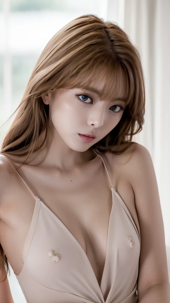 Asuka Langley from Evangelion, Naked body shots, Bedroom scene, Realistic, 8K, High resolution, Very fine eye, photographed on a Fujifilm XT3, One girl, Slim figure, Medium firm breasts, Bedroom, Natural light, Judging the beholder, Realistic short black hair, Detailed skin texture, Realistic eyes, Big Breasts