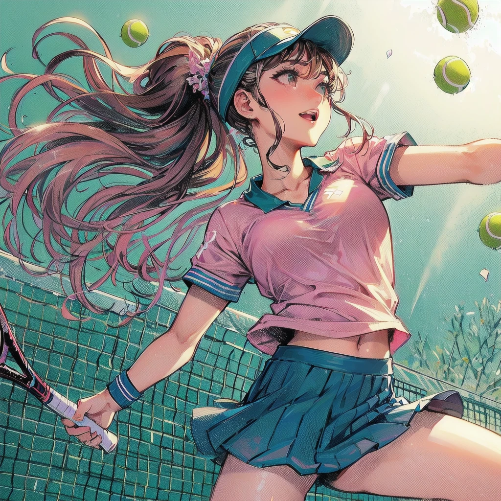 masterpiece, (textured skin), best quality, gorgeous beautiful girl, (a female tennis athlete), detailed clothes,large breasts,narrow waist,, (beautiful face), cinematic lighting, (at tennis venue ),