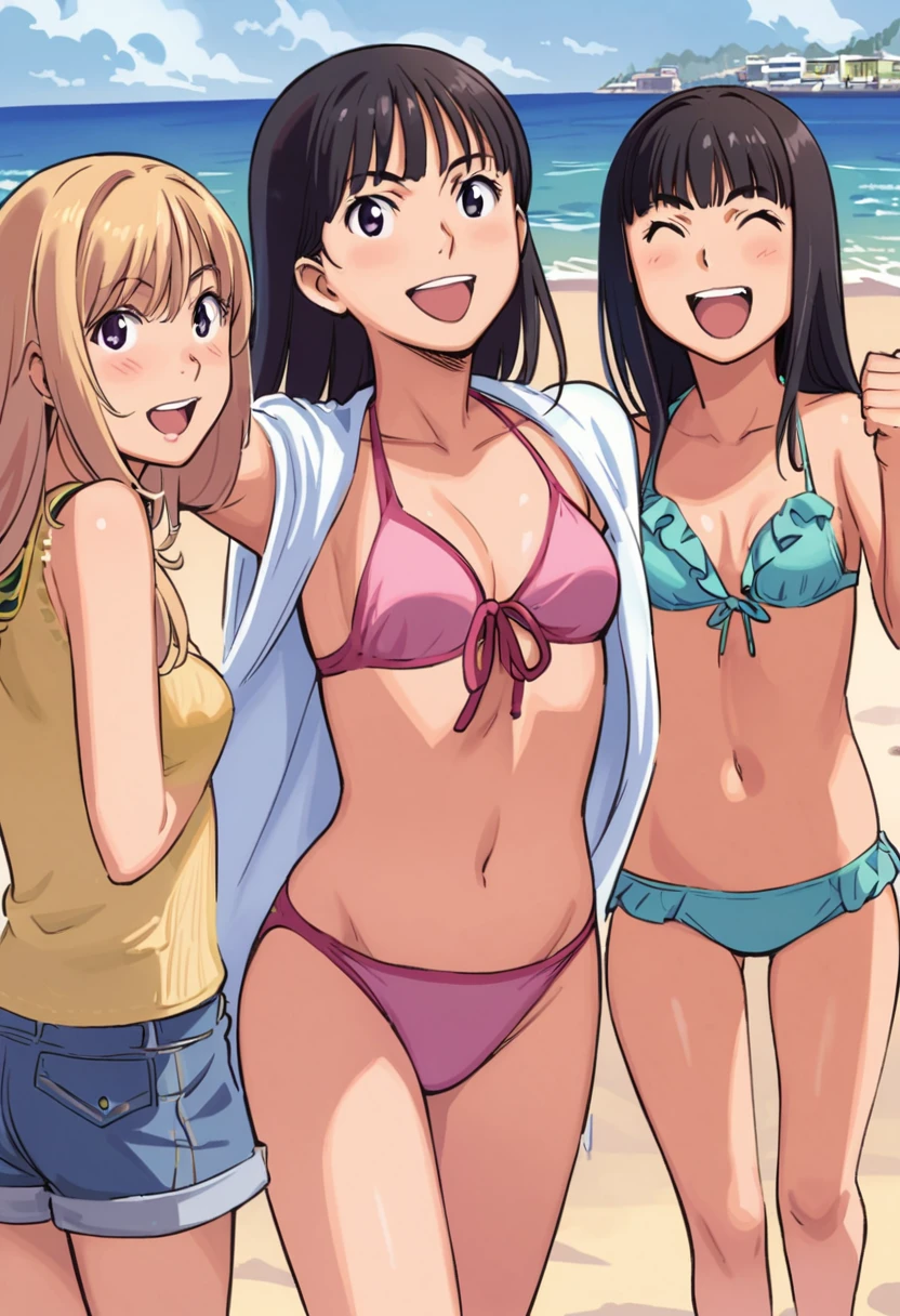 sleeve cape, beach scene, Girls in bikini, hot girls, Cute, high school girls in bikinis on the beach, celebration, boys and girls, hot girls, Shonen Magazine