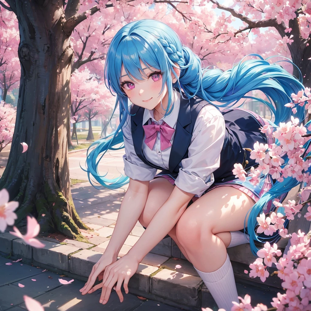 Sky blue hair, (Braided Ponytail),(Pink Eyes),Fair skin ,whole body,(1 Girl),Smile,spring, cherry blossoms, Knee-high socks for school, blazer, Straight bangs,(masterpiece, Highest quality, Super detailed, Best Shadow), (Detailed Background), (Beautifully detailed face), High Contrast, (Best lighting, Very delicate and beautiful), ((Cinematic Light)), colorful, Hyper Detail, Dramatic Light, Intricate details,sunshine,Leaning forward,