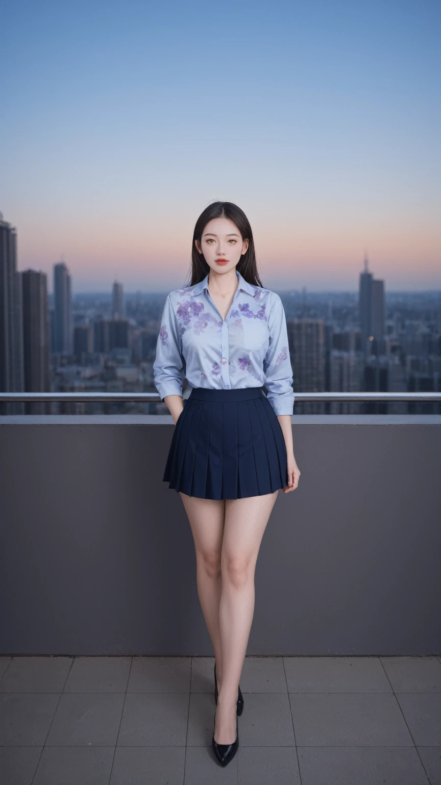 realistic,score_9, score_8_up, score_7_up, BREAK,
In a masterpiece scene, professional lighting techniques like photon mapping and radiosity are employed, alongside physically-based rendering. The focus is on a single girl, depicted full-body. The absurdres quality and high resolution bring out every detail, from the skyline in the background to her attire. She is adorned in Song-style outfits, featuring a light blue short shan and a translucent white pleated skirt, complemented by purple floral songmo. Her yellow eyes add a striking contrast to her large breasts, enhancing her beauty and the surreal quality of the image.