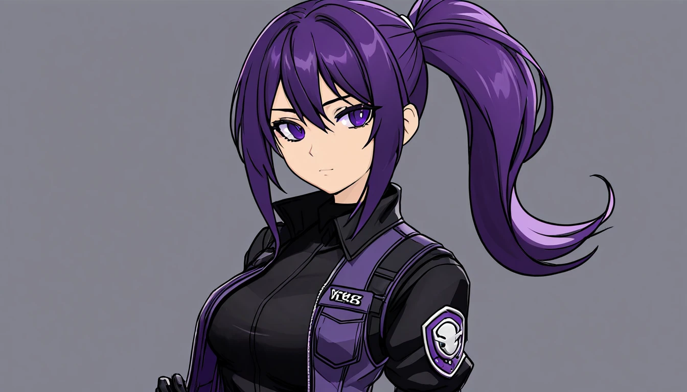 One girl, Dark hair with purple strands, Ponytail, purple eyes, black outfit,wearing bulletproof vest,background white, character sheet,character design document,concept art, looking at camera,standing upright,no weird pose,no tilted head,no tilt, head rotate straight at camera, masterclass,refined,masterpiece,8k,sharp,clean.