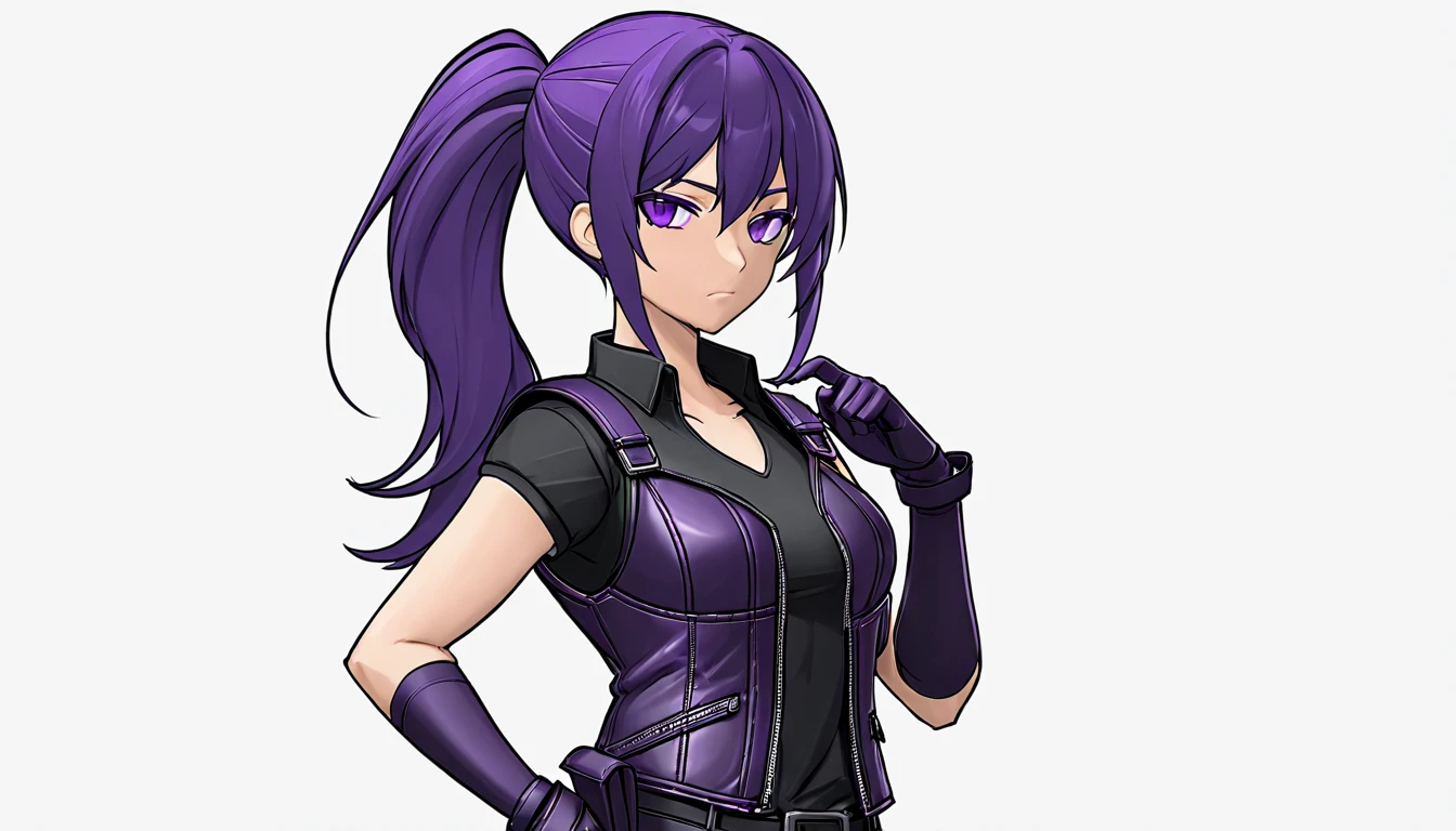 One girl, Dark hair with purple strands, Ponytail, purple eyes, black outfit,wearing bulletproof vest,background white, character sheet,character design document,concept art, looking at camera,standing upright,no weird pose,no tilted head,no tilt, head rotate straight at camera, masterclass,refined,masterpiece,8k,sharp,clean.