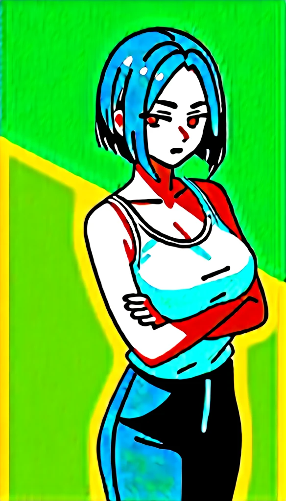 masterpiece, Score_9, Score_8_up, Score_7_up,1 woman, alone, black hair, very short hair, parted bangs, golden and orange eyes, half-closed eyes, parted lips, expressionless, pale skin, large breasts, best quality, long bangs and open, black sleeveless shirt, black V-neck, loose pants, high heels, long parted bangs, crossed arms