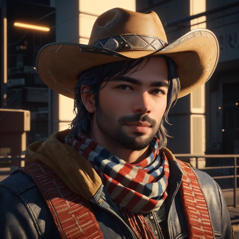 There is a 1man, solo, wearing a cowboy hat and scarf, O Cowboy no Estranho Oeste, cyberpunk oeste selvagem, Jessé McCree, cinematic close-up of bust, Cyber Ocidental, Criado em Unreal Engine 5, ps5 cinematic screen capture, non-Unreal Engine 5 rendering, space western, cinematic bust shot, retrato do cowboy, with cinematic lighting