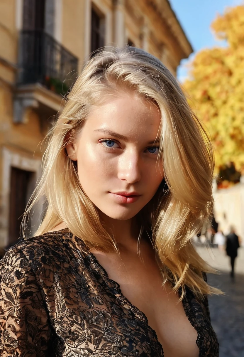 Close-up on Diana, a commanding digital influencer with piercing blue eyes and a distinctive beauty mark just below her right eye. Her hair are blonde. The golden autumn light of Rome softly illuminates her face, hinting at blurred historical architecture in the background. She elegantly sips espresso, confidence shining through her fashionable attire—a detailed chic blouse and designer accessories are partially visible. Her expression is one of sharp intelligence and Roman elegance.