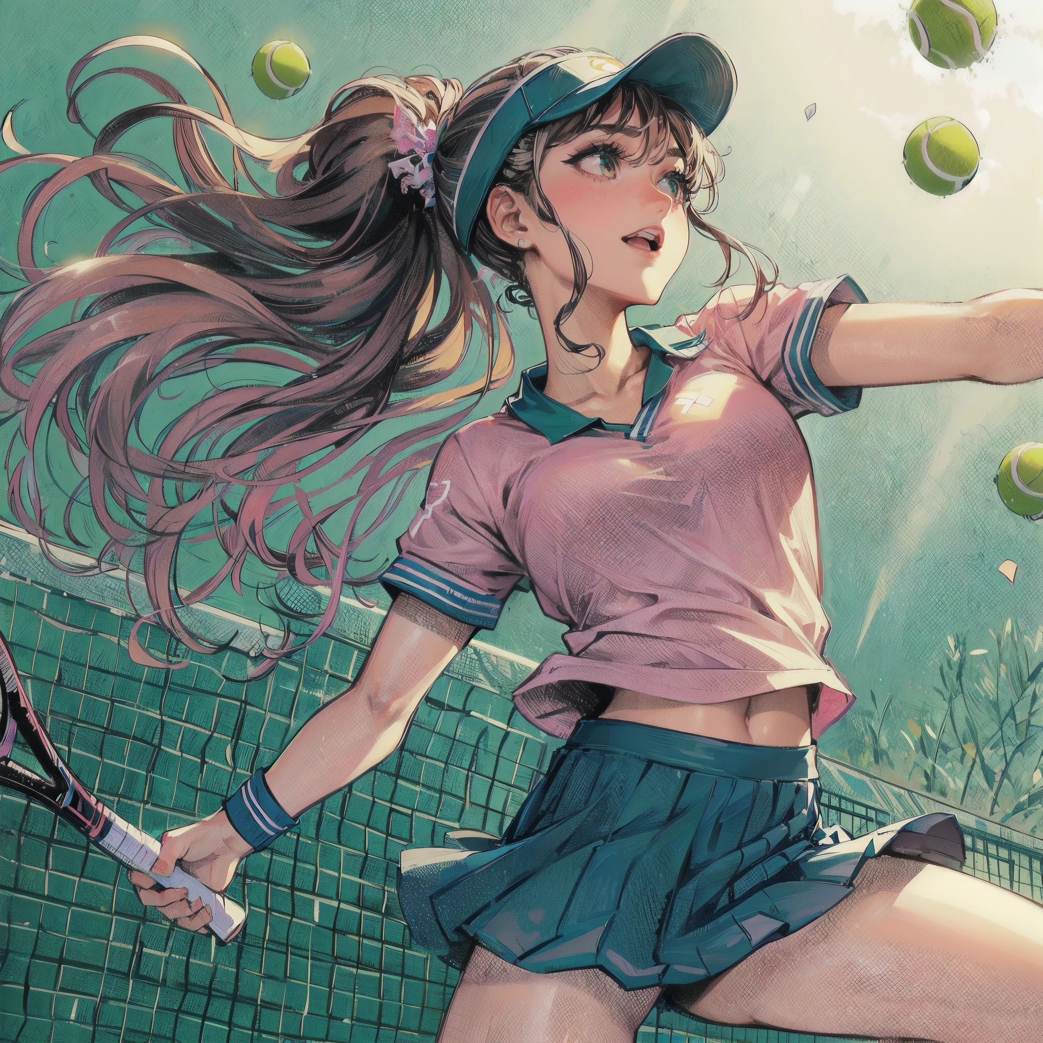  masterpiece, (textured skin), best quality, gorgeous beautiful girl, (a female tennis athlete), detailed clothes,large breasts,narrow waist,, (beautiful face), cinematic lighting, (at tennis venue ),