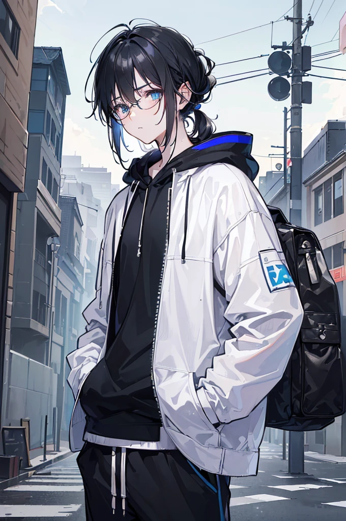 ((Highest quality, masterpiece, 4K, In detail, Fine grain, Detailed face, Gelbourg, Pixiv)), Cold lighting, ((alone)), 1 male, Boy with glasses, good looking, Masculine, Adult male, Broad shoulders, Face close-up, Portraiture,View your viewers, ((amblyopia, Half-lidded, Dark circles under the eyes, White eyes with blue pupils)), Wear modern clothes, Black hoodie with logo, Sweat pants, Are standing, Put your hands in your pockets, ((Black Hair, Medium length hair, messy hairstyle, Messy Hair)), Abandoned city background
