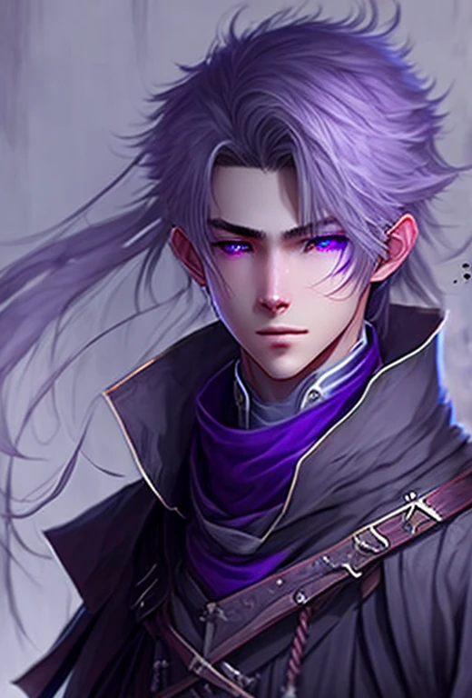A youth,Height 170 cm,Purple Eyes,Gray clothes,Her hair color is gray and she carries two swords on her shoulders.,,Emphasize that he is male,