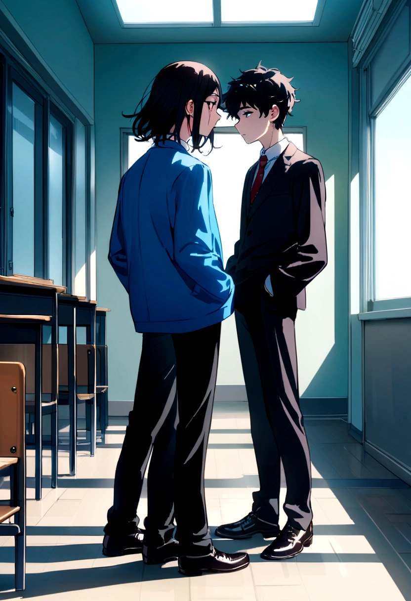 boy, tidy hair, short length hair, Bblack hair, face neutral, black eyes white school shirt, blue school jacket, dark brown pants, black dress shoes, hands in pockets, scene in a school