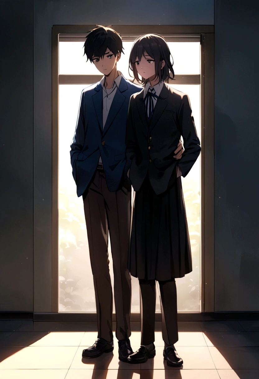 age boy, tidy hair, short length hair, Bblack hair, face neutral, black eyes white school shirt, blue school jacket, dark brown pants, black dress shoes, hands in pockets, scene in a school