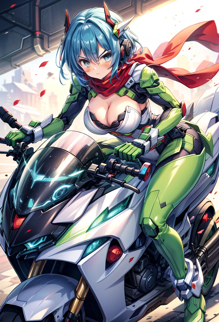(masterpiece:1.2), best quality, high resolution, extremely detailed CG, absurdres, highres,1girl, solo, (serious:1.3), henshin belt, ((dark_blue_hair)), mecha belt, headgear, (red_scarf), black and green powersuit, white armor, on a cyber motorcycle, thighs, cleavage, blue_hair, red_scarf, mecha_armored, mecha_belt, headgear