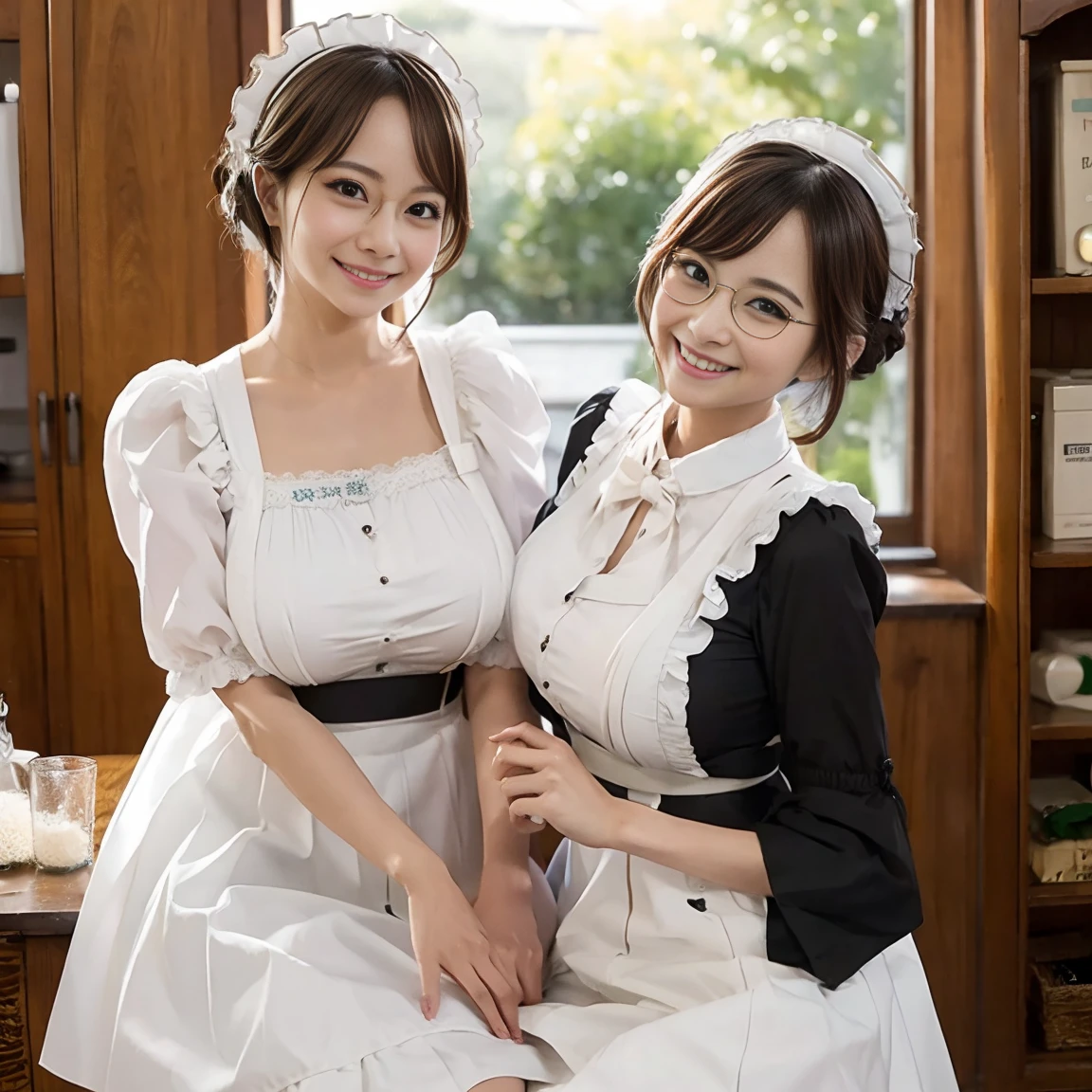 (Two women)、(Looking at me with a smile)、(Big Breasts)、Angle from below、(Nobody background)、(whole body)、Showing her side、forward leaning posture、Short Hair、(A maid outfit with little exposure, frills, buttons and a collar)、No sleeve、See-through、mini skirt